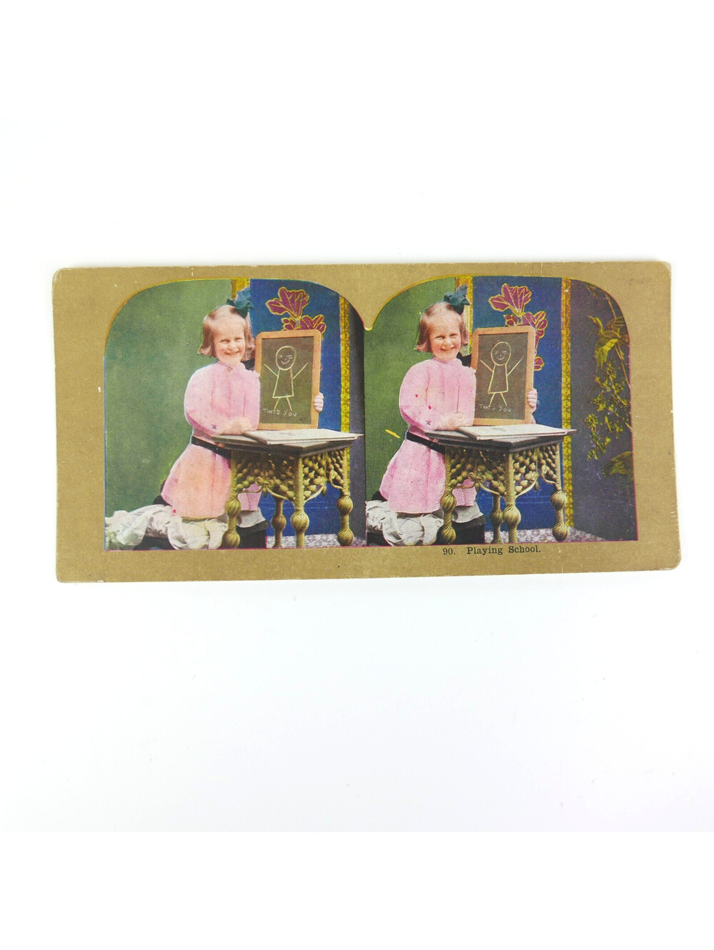 Antique Stereoview Card 90 Playing School Girl Chalkboard Drawing Victorian